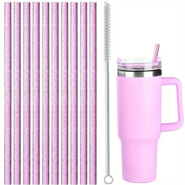 Rožiniai daugkartiniai GLITTER šiaudeliai 10 vnt. + šepetėlis valymui